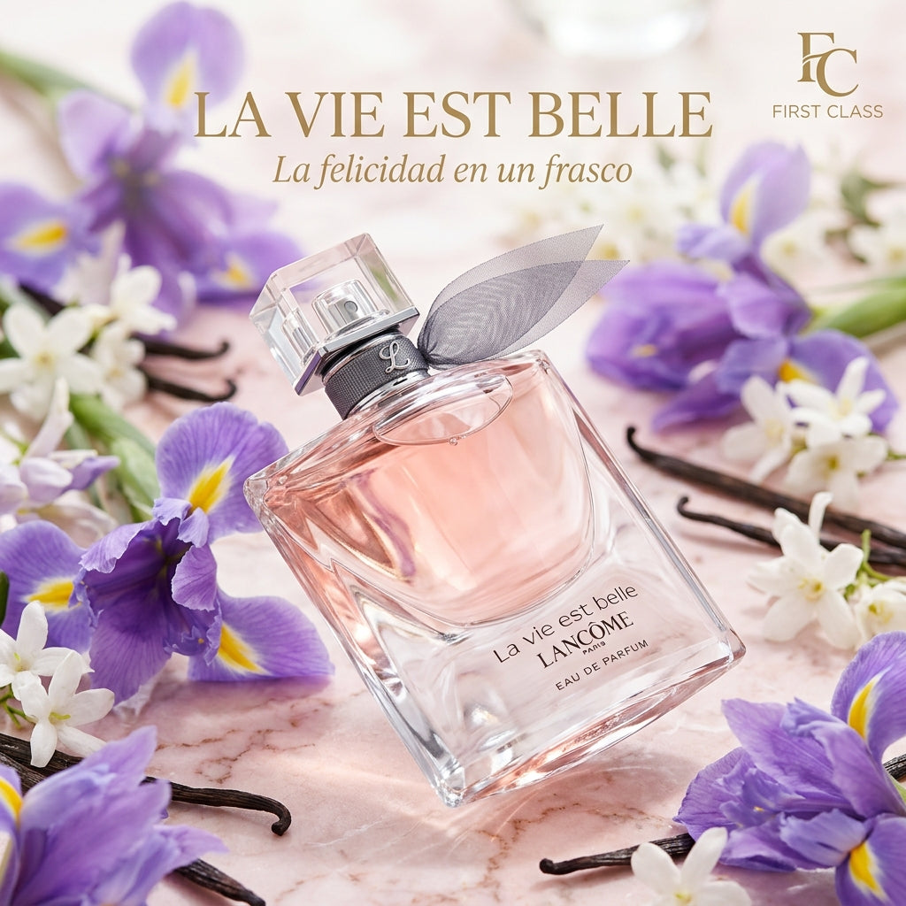 Perfume inspirado en La Vie Est Belle con flores violetas
