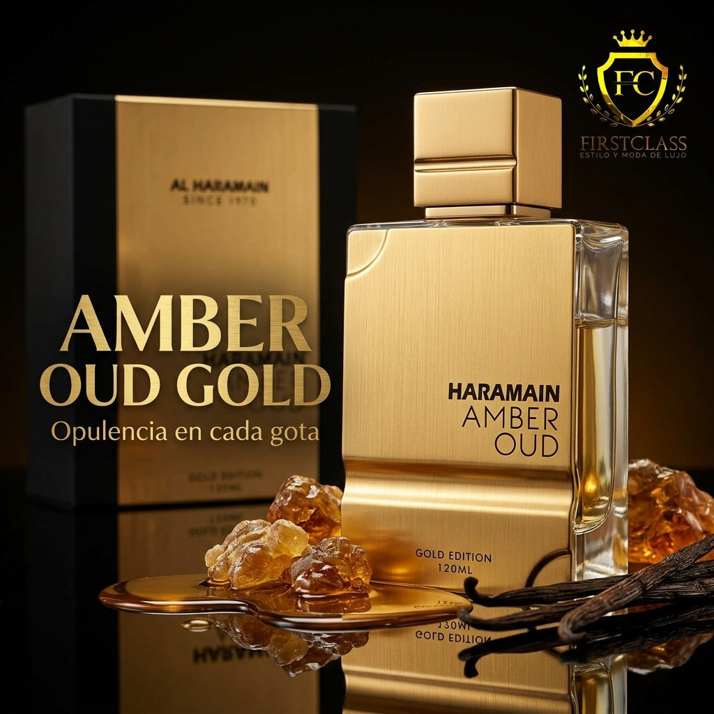 Perfume inspirado en Amber Oud Gold con presentación dorada